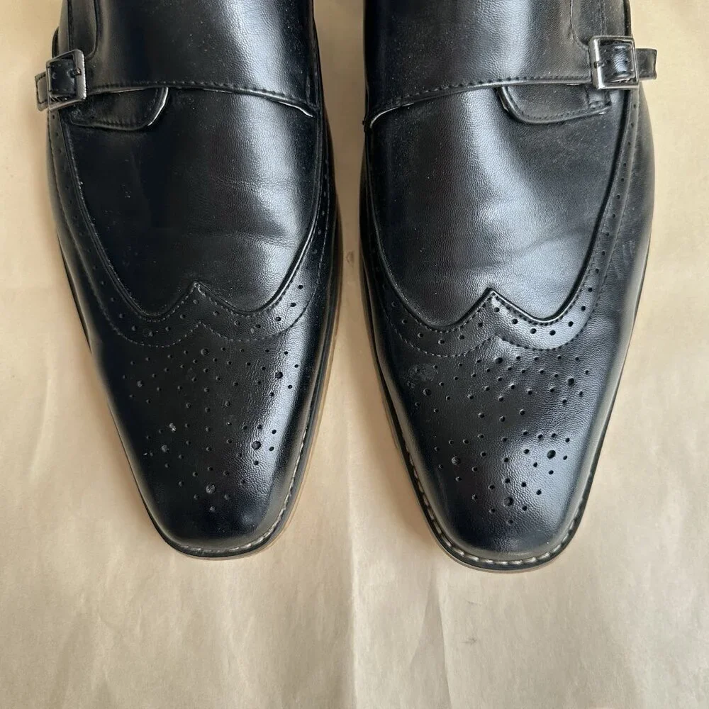 Gino Vitale Men 12 Black Wing Tip Dress Shoe Double Monk Strap Brogue Loafer